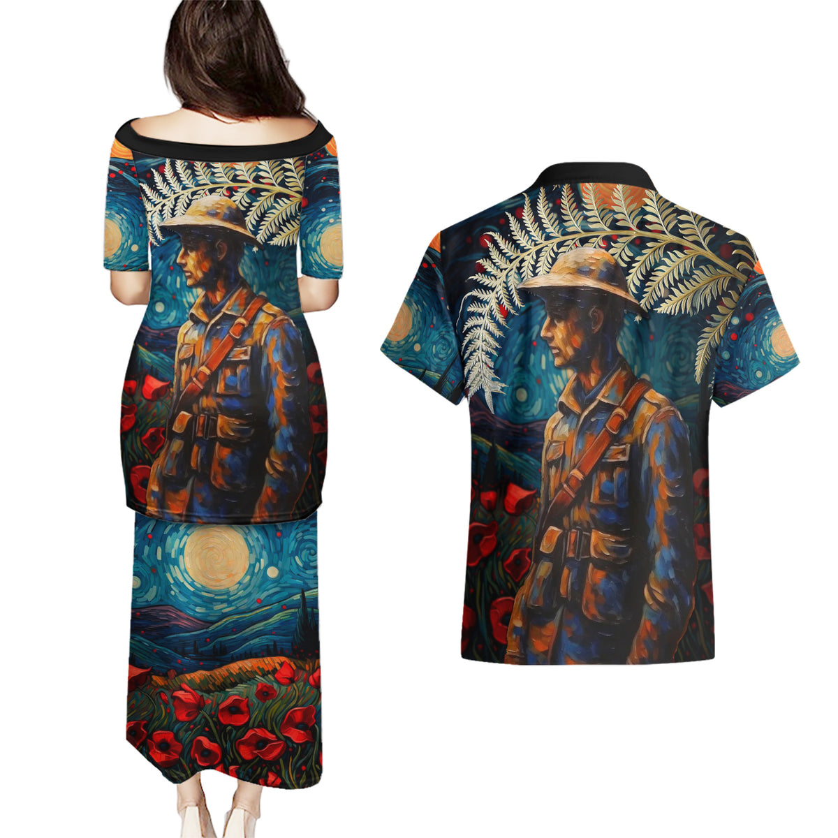 New Zealand Soldier ANZAC Day Couples Matching Puletasi and Hawaiian Shirt Silver Fern Starry Night Style LT03 - Polynesian Pride