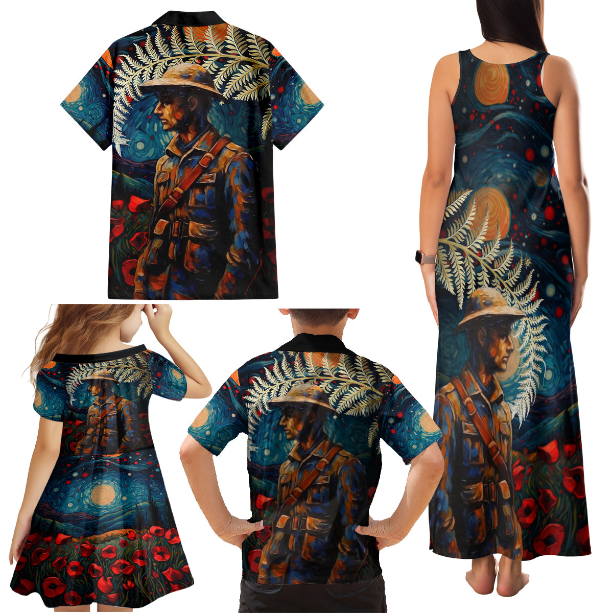 New Zealand Soldier ANZAC Day Family Matching Tank Maxi Dress and Hawaiian Shirt Silver Fern Starry Night Style LT03 - Polynesian Pride