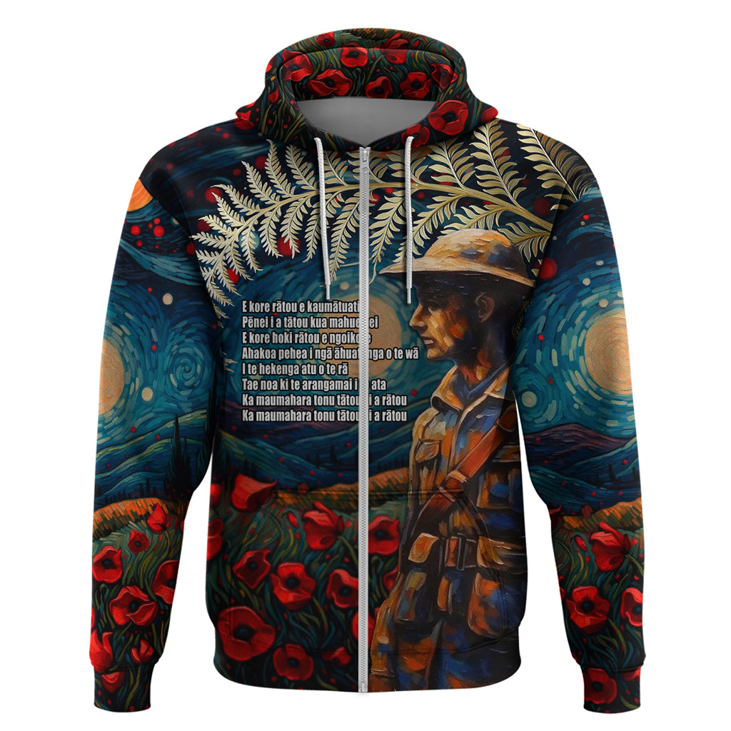 New Zealand Soldier ANZAC Day Hoodie Silver Fern Starry Night Style LT03 Zip Hoodie Blue - Polynesian Pride