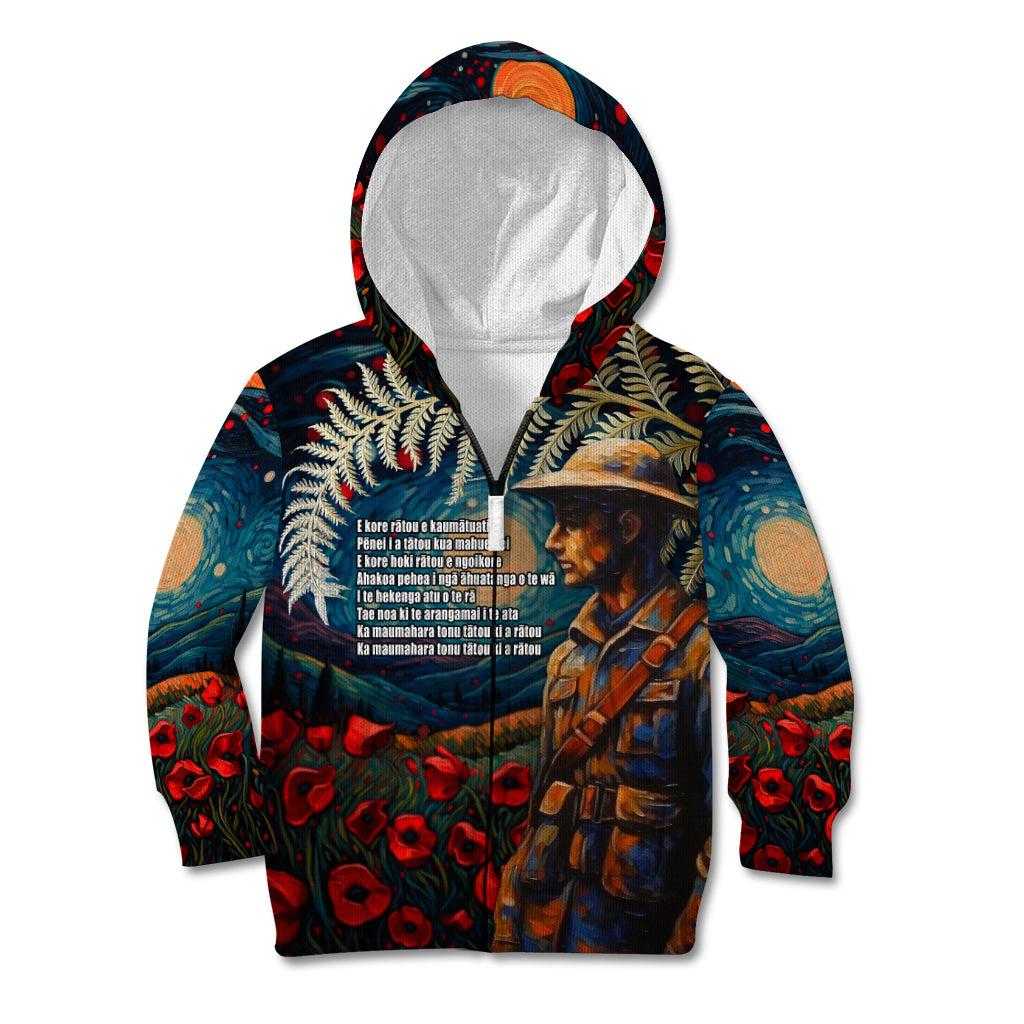 New Zealand Soldier ANZAC Day Kid Hoodie Silver Fern Starry Night Style LT03 Zip Hoodie Blue - Polynesian Pride