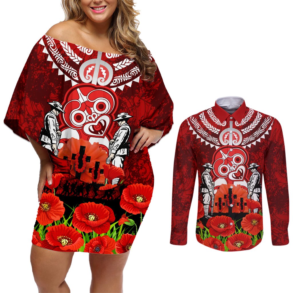 New Zealand ANZAC Waitangi Day Couples Matching Off Shoulder Short Dress and Long Sleeve Button Shirt Hei Tiki and Soldier LT03 Red - Polynesian Pride