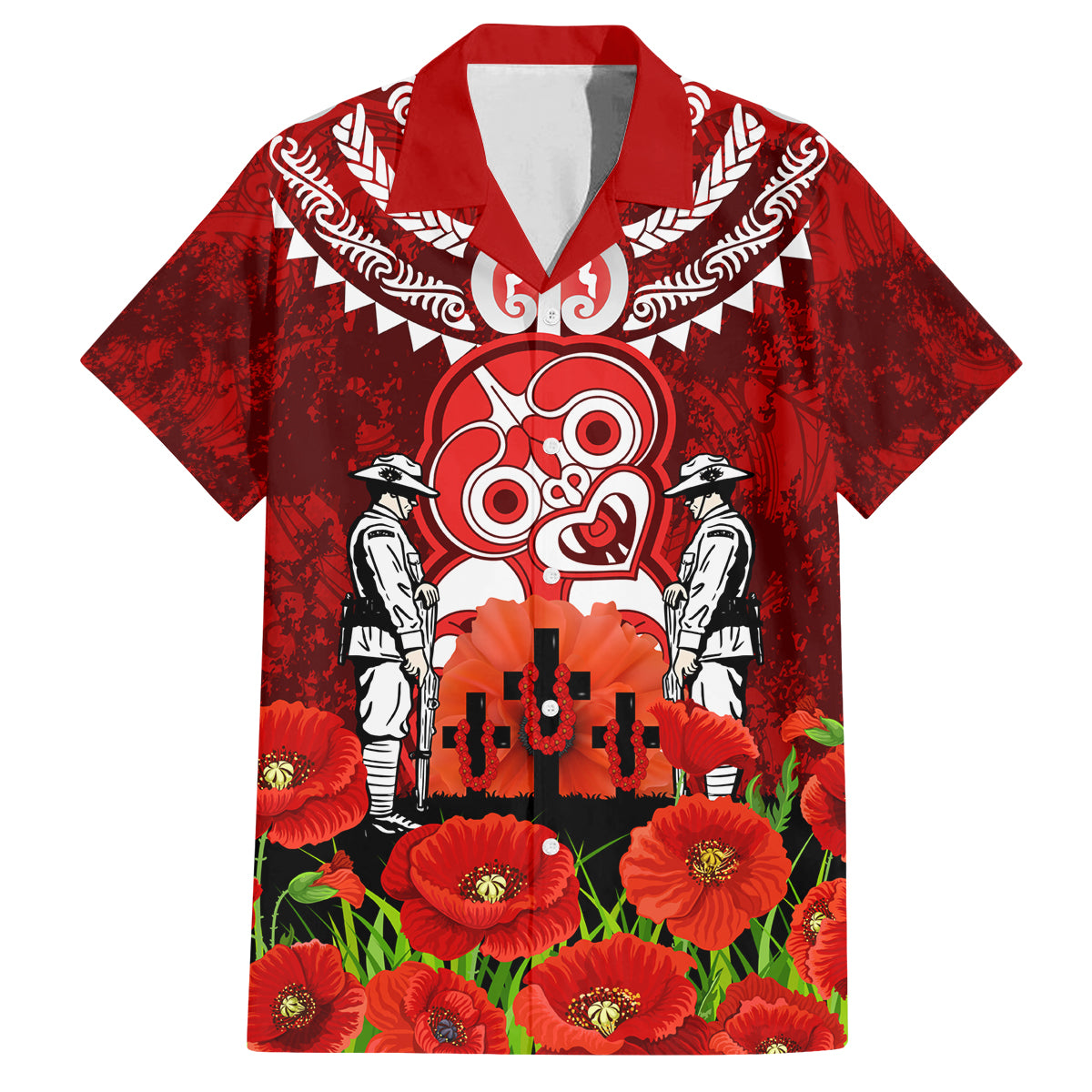 New Zealand ANZAC Waitangi Day Family Matching Off Shoulder Short Dress and Hawaiian Shirt Hei Tiki and Soldier LT03 Dad's Shirt - Short Sleeve Red - Polynesian Pride