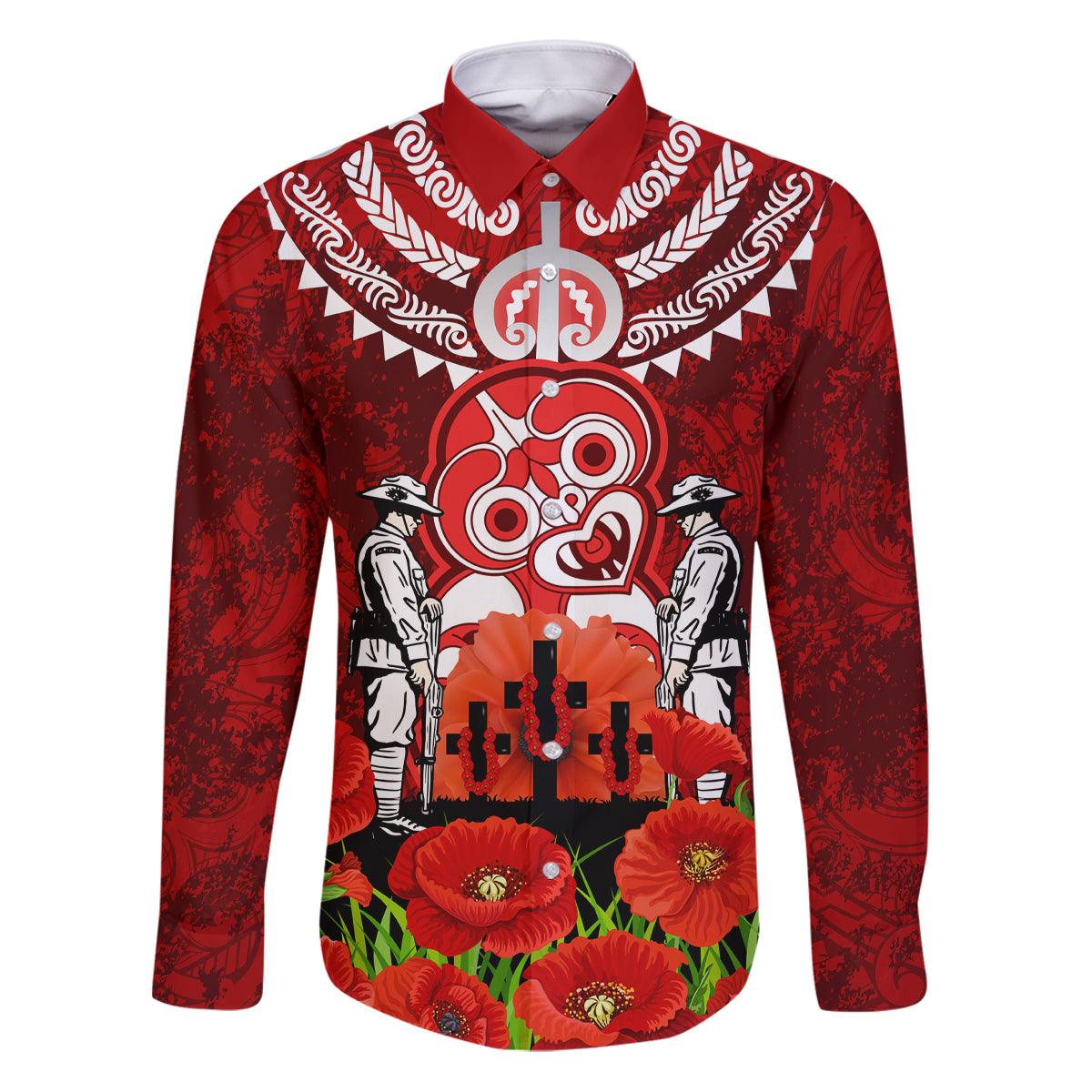 New Zealand ANZAC Waitangi Day Family Matching Puletasi and Hawaiian Shirt Hei Tiki and Soldier LT03 Dad's Shirt - Long Sleeve Red - Polynesian Pride
