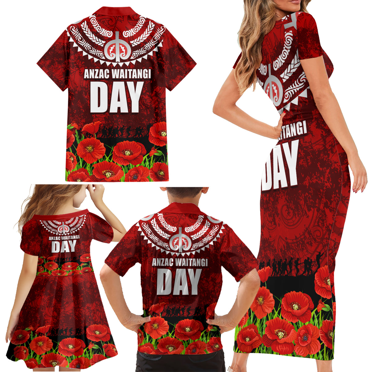 New Zealand ANZAC Waitangi Day Family Matching Short Sleeve Bodycon Dress and Hawaiian Shirt Hei Tiki and Soldier LT03 - Polynesian Pride