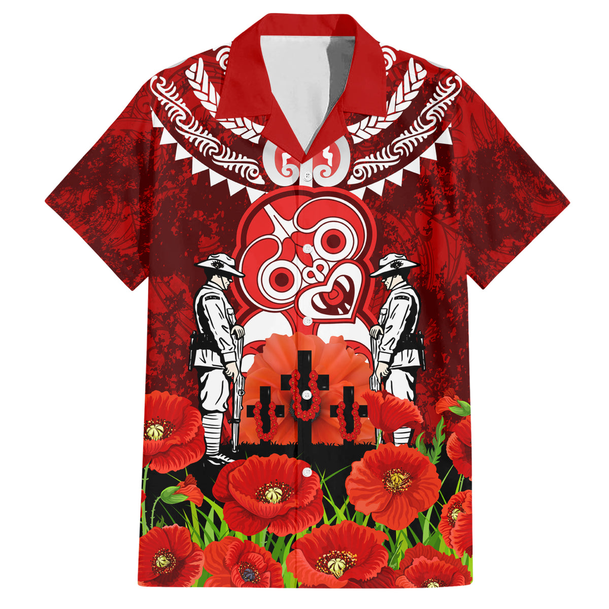 New Zealand ANZAC Waitangi Day Family Matching Short Sleeve Bodycon Dress and Hawaiian Shirt Hei Tiki and Soldier LT03 Dad's Shirt - Short Sleeve Red - Polynesian Pride