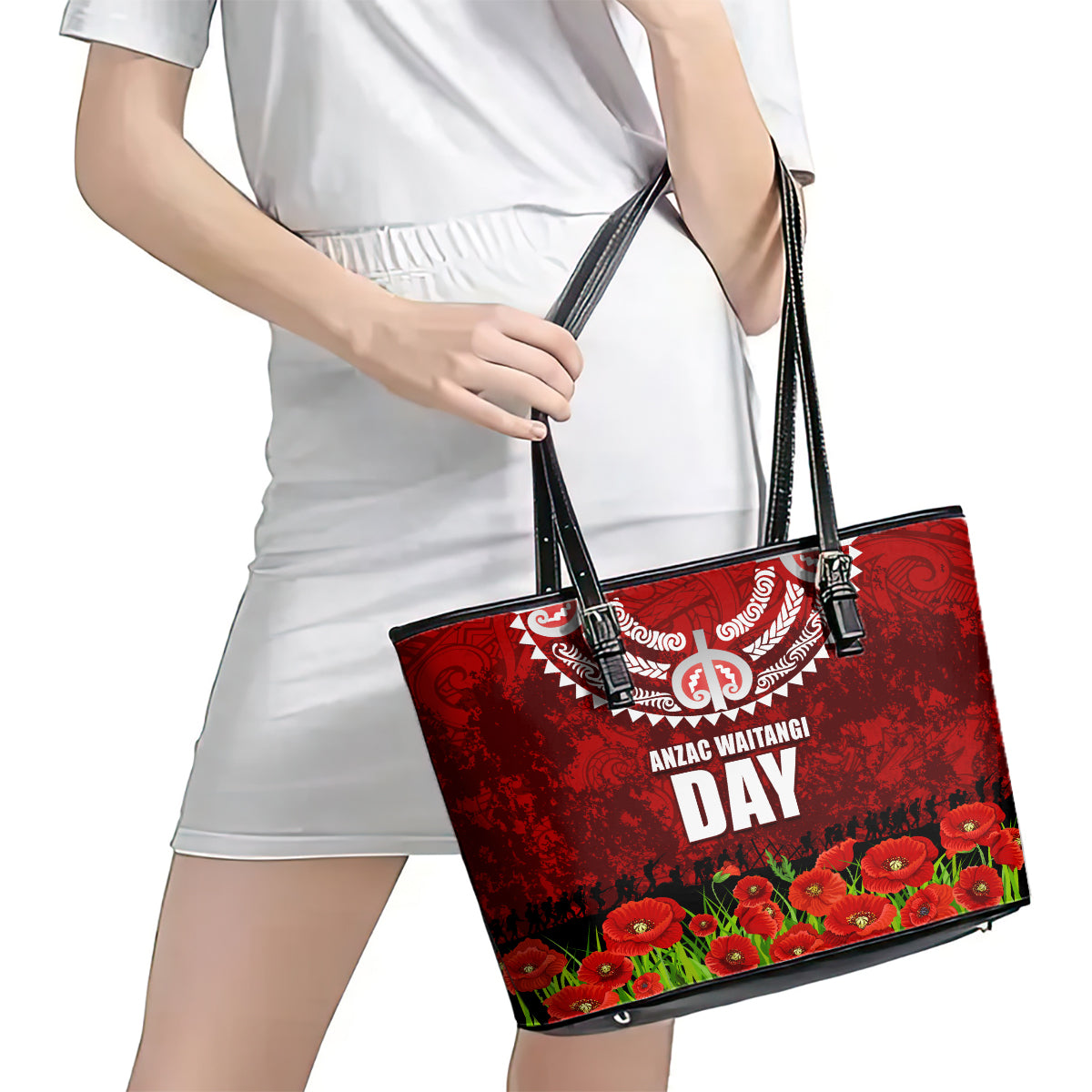 New Zealand ANZAC Waitangi Day Leather Tote Bag Hei Tiki and Soldier LT03 - Polynesian Pride