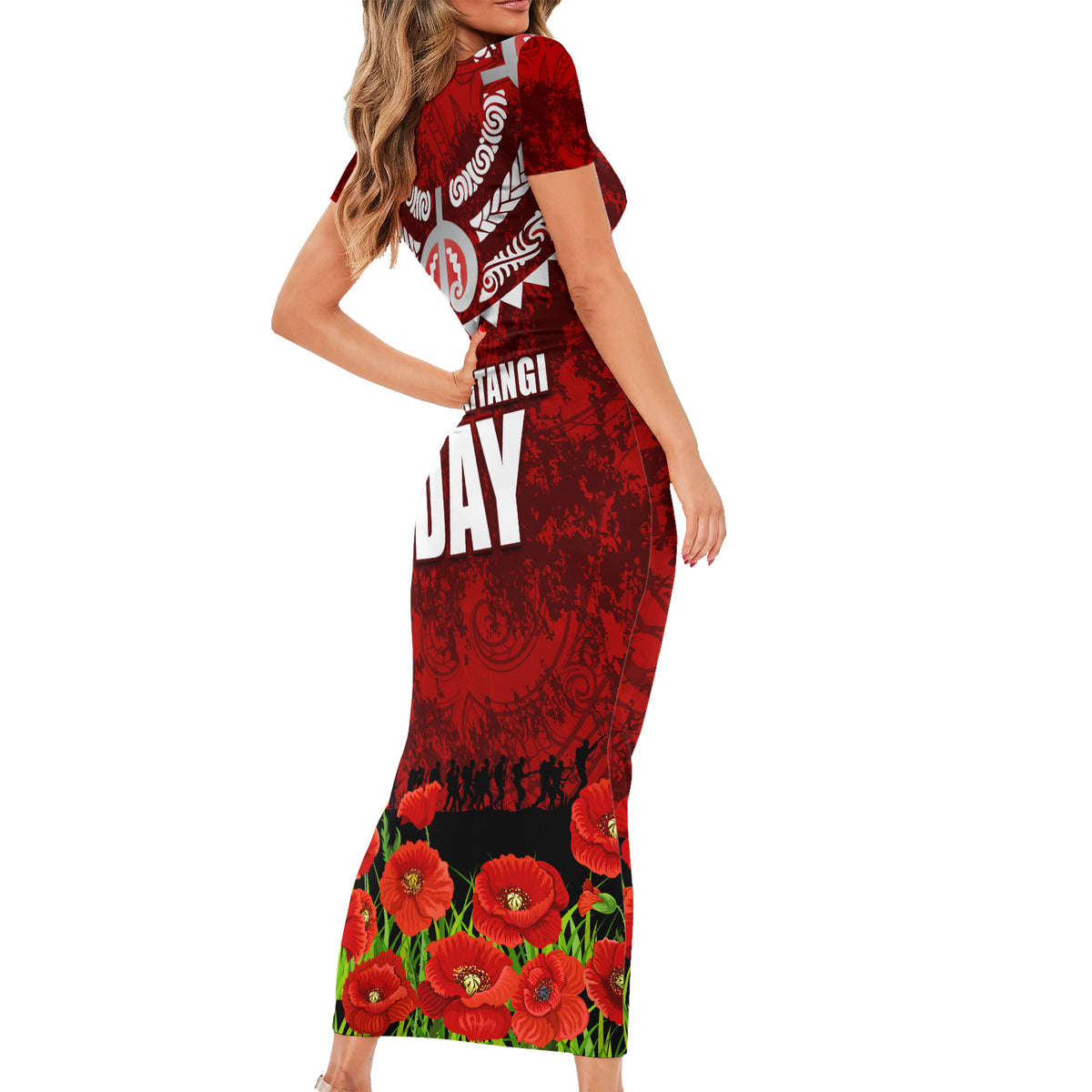 New Zealand ANZAC Waitangi Day Short Sleeve Bodycon Dress Hei Tiki and Soldier LT03 - Polynesian Pride