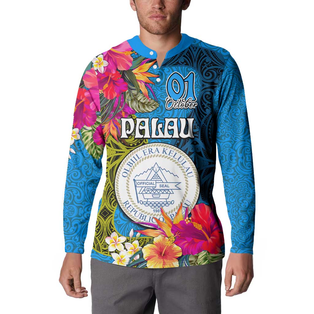 Palau Independence Day Button Sweatshirt 1st October 30th Anniversary Polynesian Jungle Flower