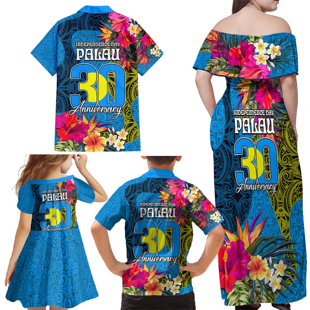 Palau Independence Day Family Matching Off Shoulder Maxi Dress and Hawaiian Shirt 1st October 30th Anniversary Polynesian Jungle Flower