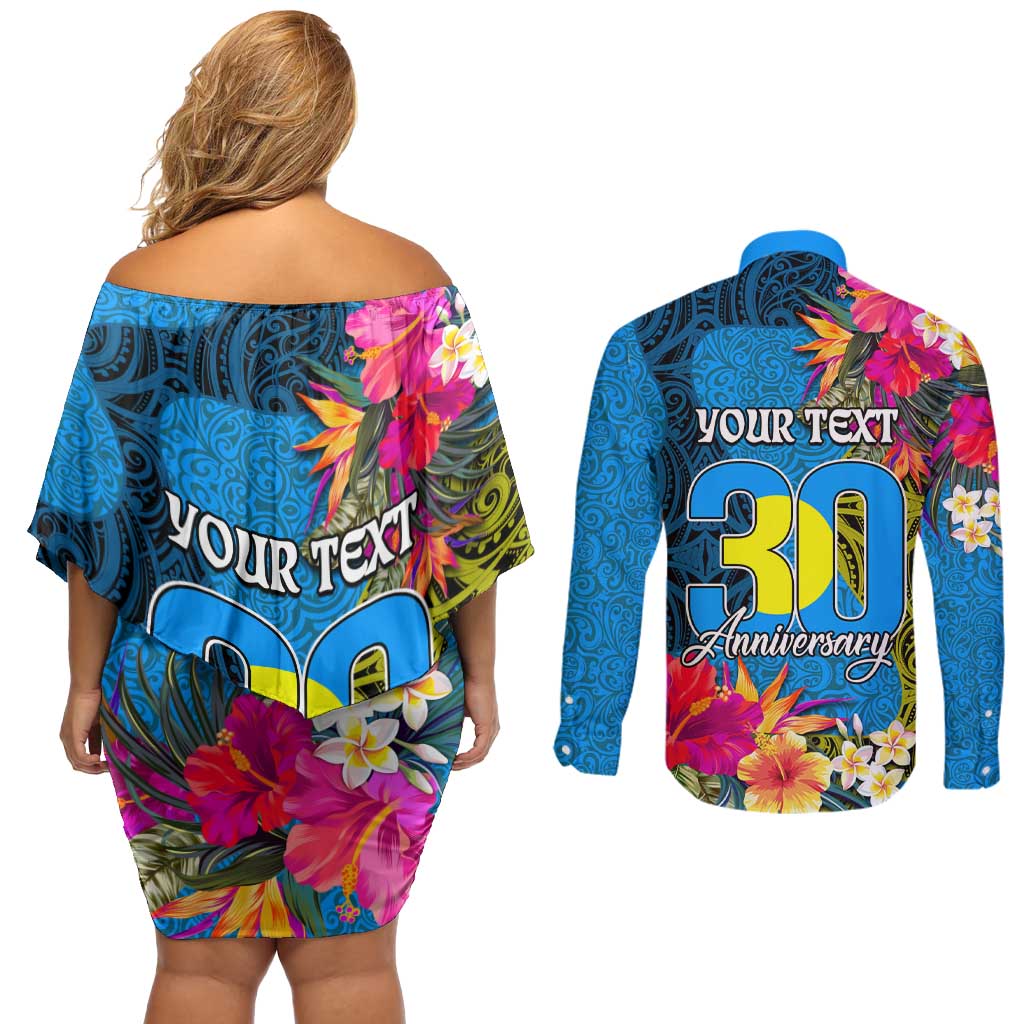 Personalised Palau Independence Day Couples Matching Off Shoulder Short Dress and Long Sleeve Button Shirt 1st October 30th Anniversary Polynesian Jungle Flower