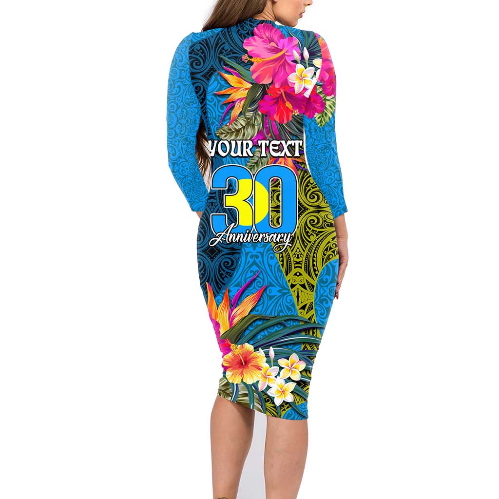 Personalised Palau Independence Day Family Matching Long Sleeve Bodycon Dress and Hawaiian Shirt 1st October 30th Anniversary Polynesian Jungle Flower