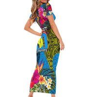 Personalised Palau Independence Day Family Matching Short Sleeve Bodycon Dress and Hawaiian Shirt 1st October 30th Anniversary Polynesian Jungle Flower