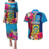Tuvalu Independence Day Couples Matching Puletasi and Hawaiian Shirt 1st October 46th Anniversary Polynesian Jungle Flower LT03 Blue - Polynesian Pride
