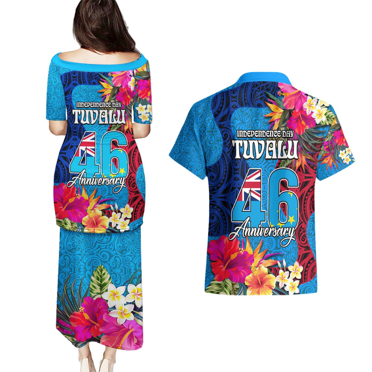 Tuvalu Independence Day Couples Matching Puletasi and Hawaiian Shirt 1st October 46th Anniversary Polynesian Jungle Flower LT03 - Polynesian Pride
