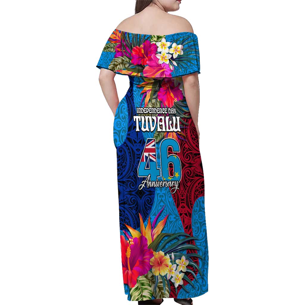 Tuvalu Independence Day Family Matching Off Shoulder Maxi Dress and Hawaiian Shirt 1st October 46th Anniversary Polynesian Jungle Flower