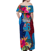 Tuvalu Independence Day Family Matching Off Shoulder Maxi Dress and Hawaiian Shirt 1st October 46th Anniversary Polynesian Jungle Flower