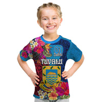 Tuvalu Independence Day Kid T Shirt 1st October 46th Anniversary Polynesian Jungle Flower LT03 Blue - Polynesian Pride