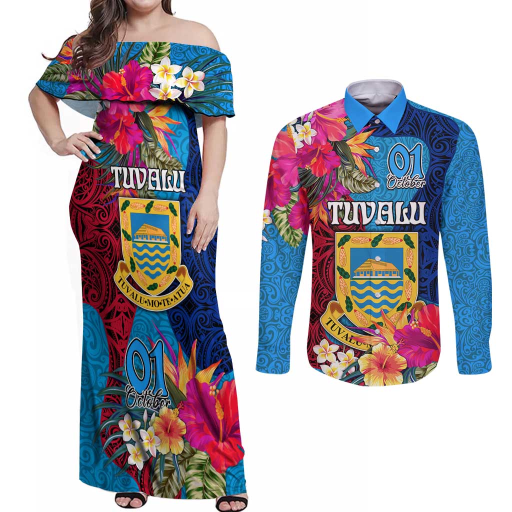 Personalised Tuvalu Independence Day Couples Matching Off Shoulder Maxi Dress and Long Sleeve Button Shirt 1st October 46th Anniversary Polynesian Jungle Flower LT03 Blue - Polynesian Pride