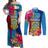 Personalised Tuvalu Independence Day Couples Matching Off Shoulder Maxi Dress and Long Sleeve Button Shirt 1st October 46th Anniversary Polynesian Jungle Flower LT03 Blue - Polynesian Pride