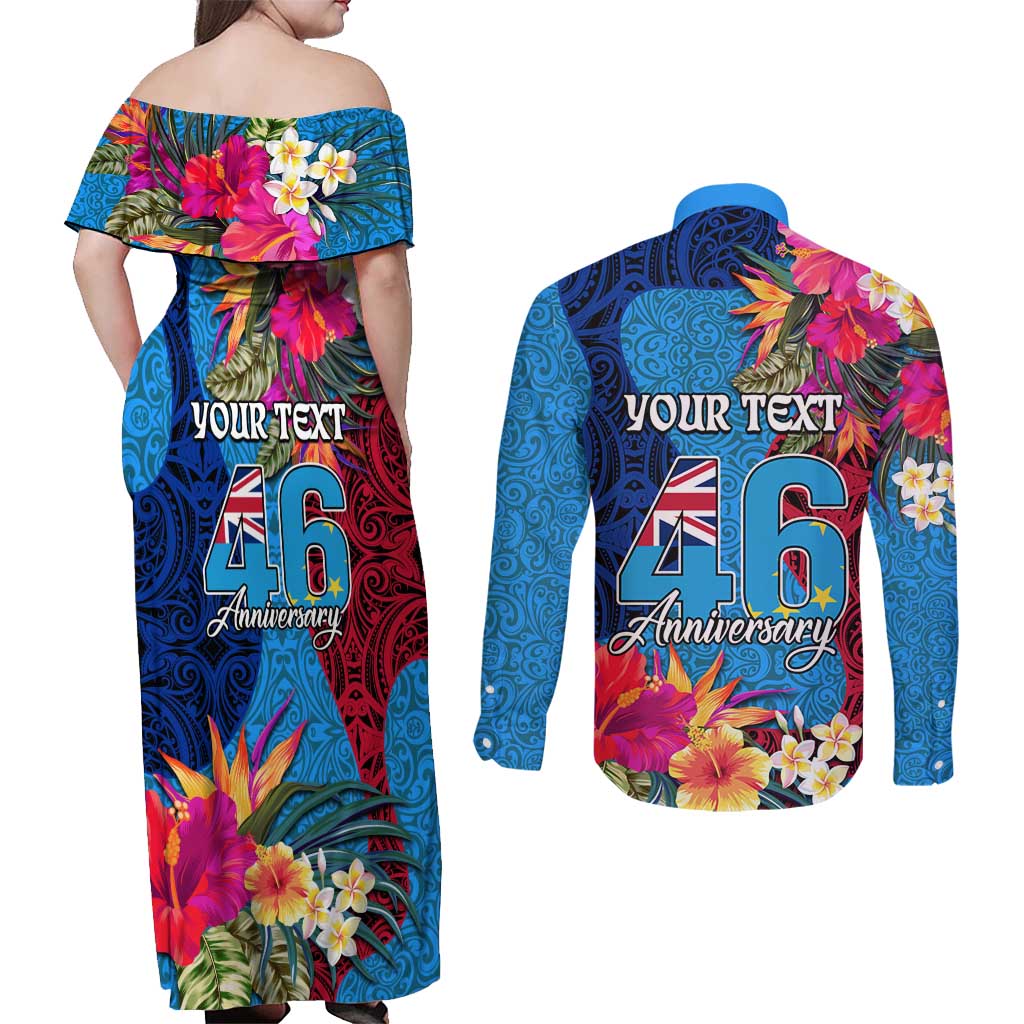 Personalised Tuvalu Independence Day Couples Matching Off Shoulder Maxi Dress and Long Sleeve Button Shirt 1st October 46th Anniversary Polynesian Jungle Flower LT03 - Polynesian Pride