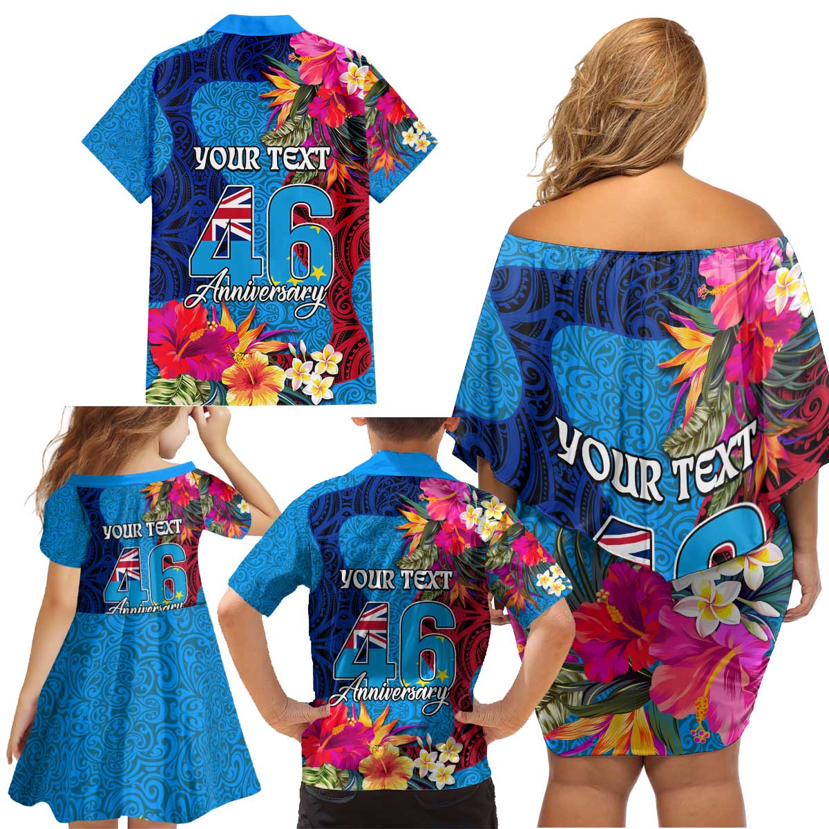 Personalised Tuvalu Independence Day Family Matching Off Shoulder Short Dress and Hawaiian Shirt 1st October 46th Anniversary Polynesian Jungle Flower