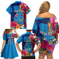Personalised Tuvalu Independence Day Family Matching Off Shoulder Short Dress and Hawaiian Shirt 1st October 46th Anniversary Polynesian Jungle Flower