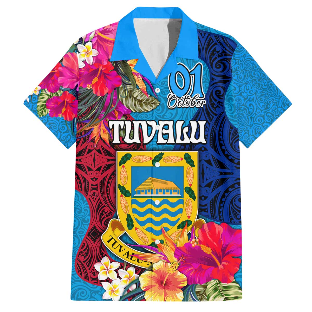 Personalised Tuvalu Independence Day Family Matching Off Shoulder Short Dress and Hawaiian Shirt 1st October 46th Anniversary Polynesian Jungle Flower