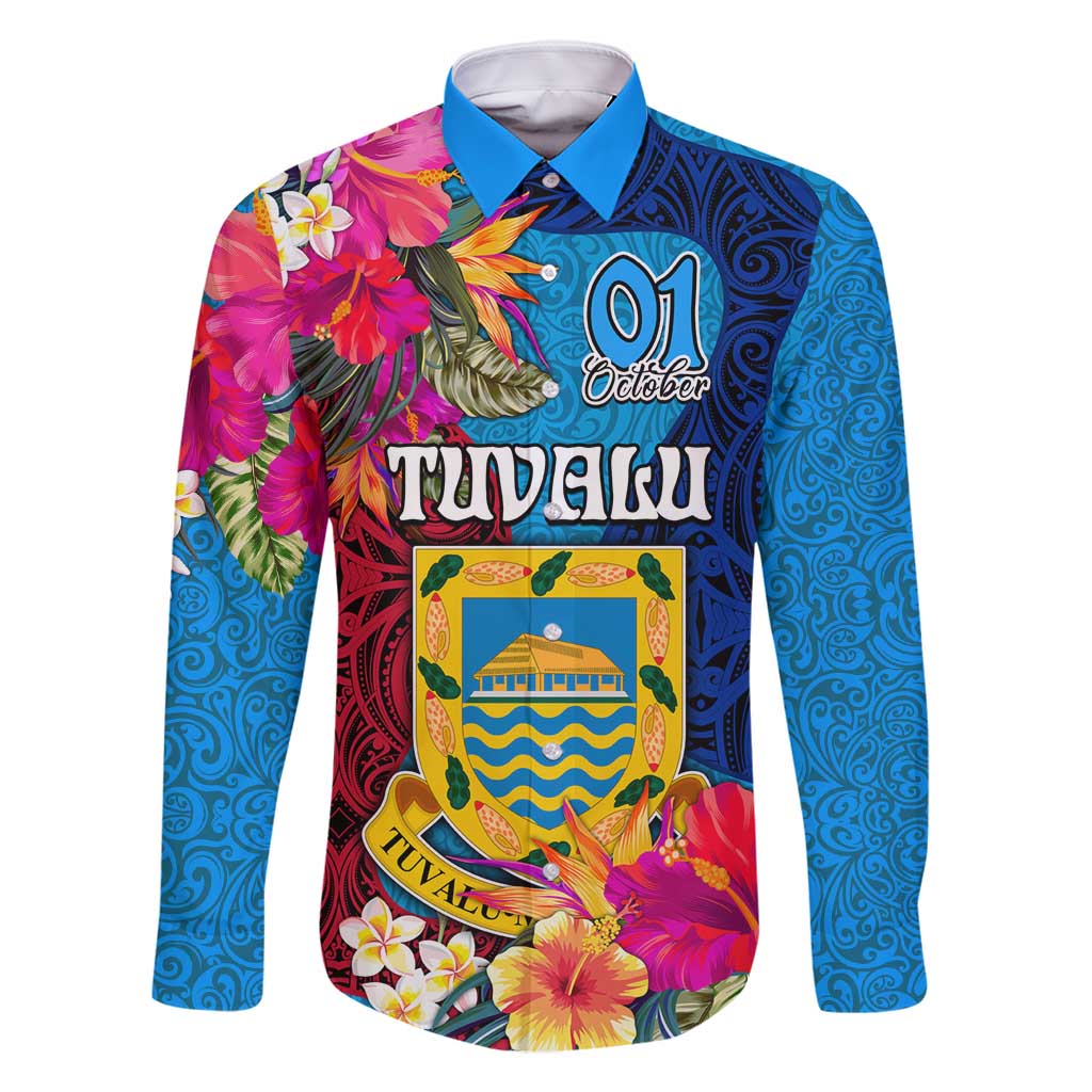 Personalised Tuvalu Independence Day Family Matching Tank Maxi Dress and Hawaiian Shirt 1st October 46th Anniversary Polynesian Jungle Flower