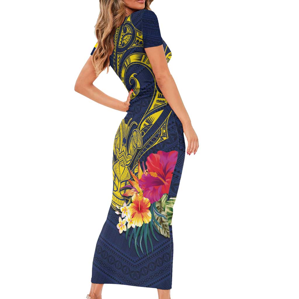 Niue Independence Day Short Sleeve Bodycon Dress Hiapo Pattern Hibiscus Plumeria and Uga