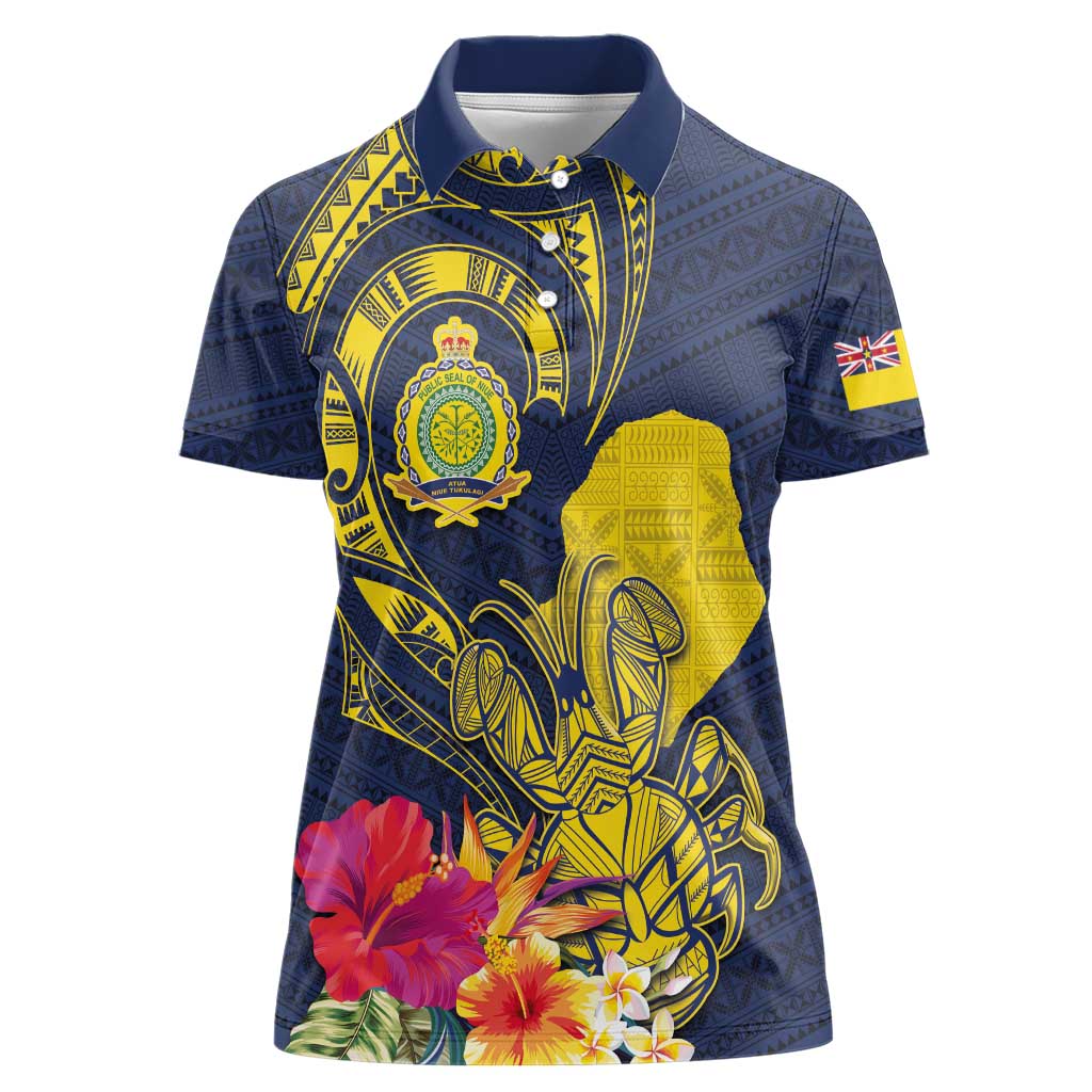 Niue Independence Day Women Polo Shirt Hiapo Pattern Hibiscus Plumeria and Uga