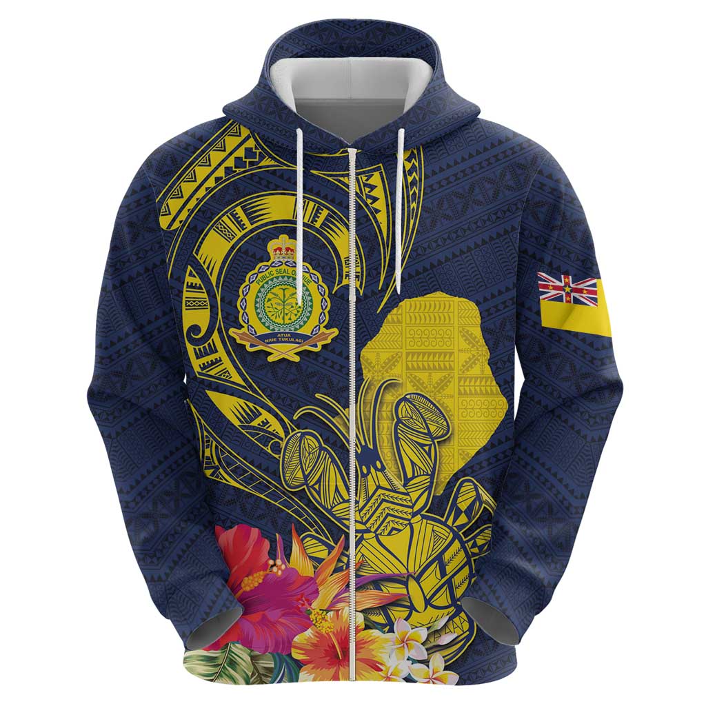 Niue Independence Day Zip Hoodie Hiapo Pattern Hibiscus Plumeria and Uga