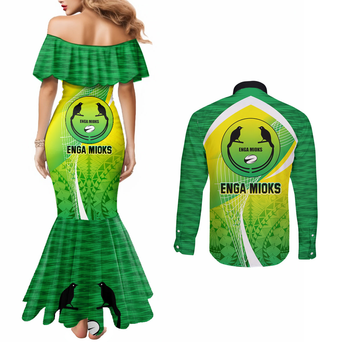 Enga Mioks Rugby Couples Matching Mermaid Dress and Long Sleeve Button Shirts Papua New Guinea Polynesian Tattoo LT03 - Polynesian Pride