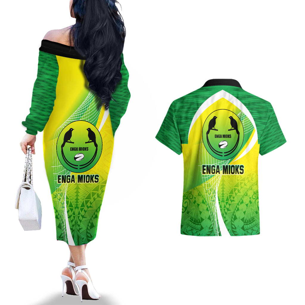 Enga Mioks Rugby Couples Matching Off The Shoulder Long Sleeve Dress and Hawaiian Shirt Papua New Guinea Polynesian Tattoo LT03 - Polynesian Pride