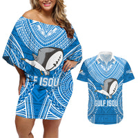 Gulf Isou Rugby Couples Matching Off Shoulder Short Dress and Hawaiian Shirt Papua New Guinea Polynesian Tattoo LT03 Blue - Polynesian Pride
