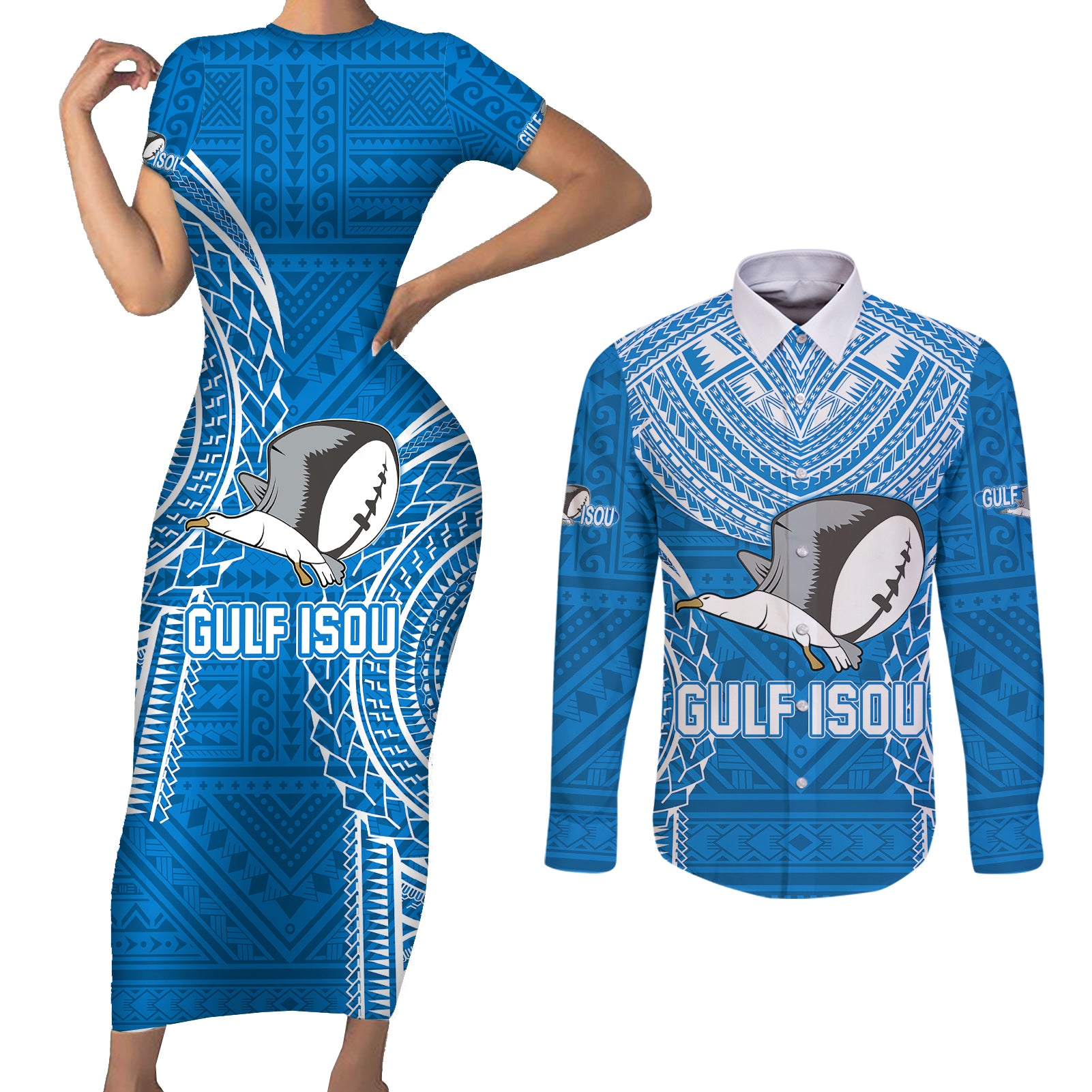 Gulf Isou Rugby Couples Matching Short Sleeve Bodycon Dress and Long Sleeve Button Shirts Papua New Guinea Polynesian Tattoo LT03 Blue - Polynesian Pride