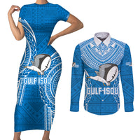 Gulf Isou Rugby Couples Matching Short Sleeve Bodycon Dress and Long Sleeve Button Shirts Papua New Guinea Polynesian Tattoo LT03 Blue - Polynesian Pride