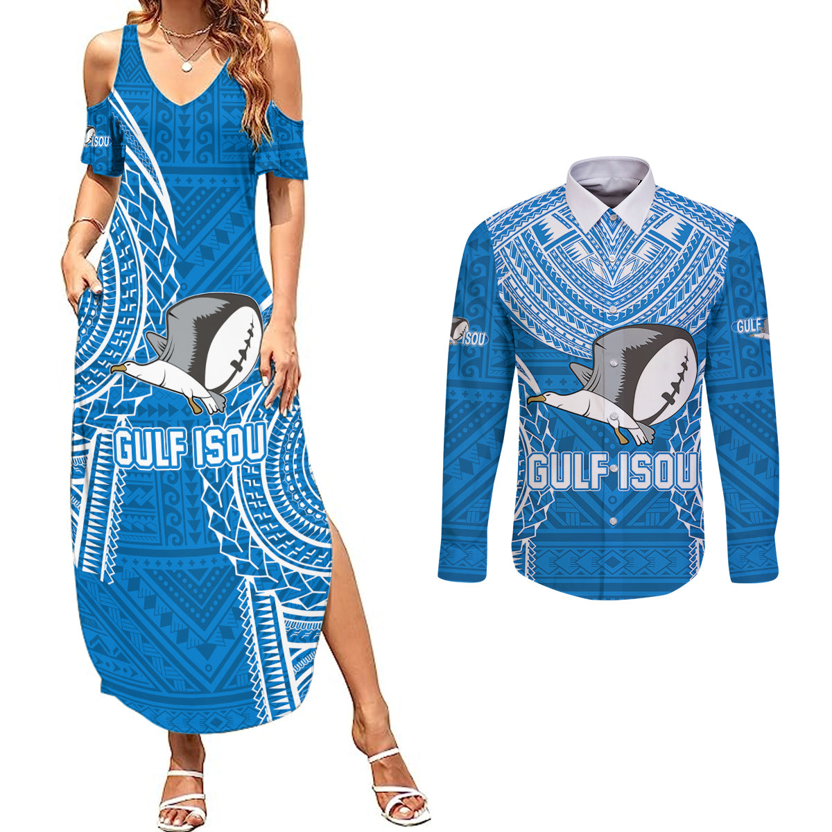 Gulf Isou Rugby Couples Matching Summer Maxi Dress and Long Sleeve Button Shirts Papua New Guinea Polynesian Tattoo LT03 Blue - Polynesian Pride