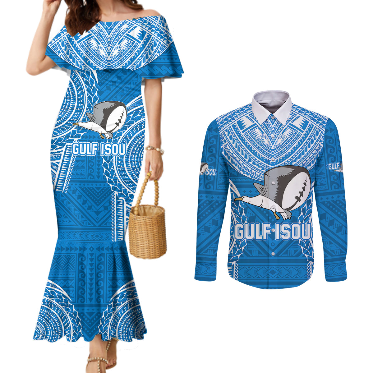 Custom Gulf Isou Rugby Couples Matching Mermaid Dress and Long Sleeve Button Shirts Papua New Guinea Polynesian Tattoo LT03 Blue - Polynesian Pride