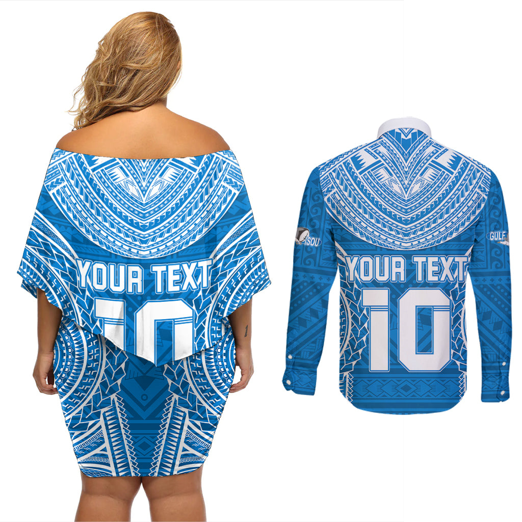 Custom Gulf Isou Rugby Couples Matching Off Shoulder Short Dress and Long Sleeve Button Shirts Papua New Guinea Polynesian Tattoo LT03 - Polynesian Pride
