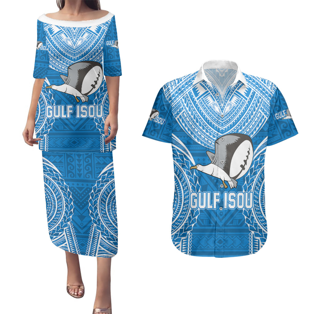 Custom Gulf Isou Rugby Couples Matching Puletasi Dress and Hawaiian Shirt Papua New Guinea Polynesian Tattoo LT03 Blue - Polynesian Pride