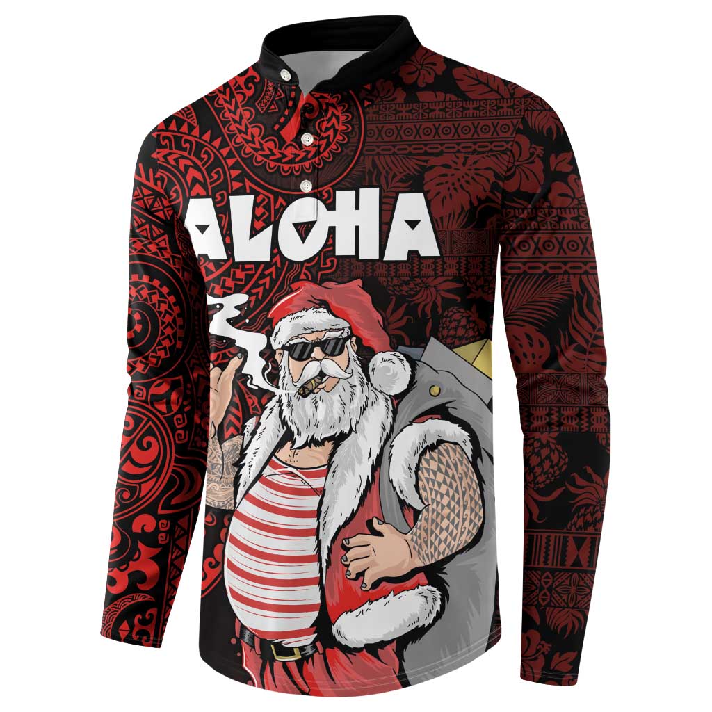 Hawaii Aloha Santa Claus Funny Polynesian Tattoo Button Sweatshirt Red Color