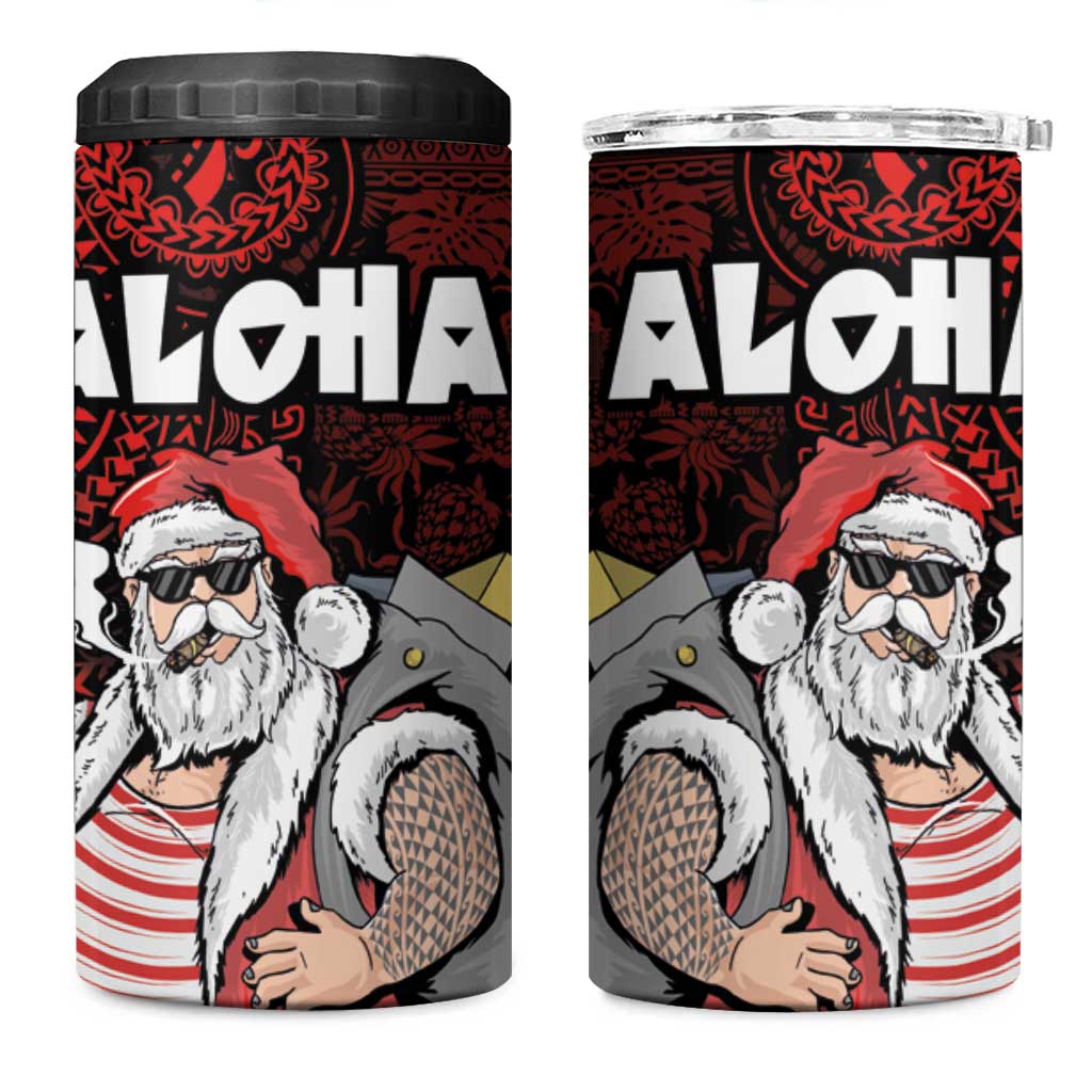 Hawaii Aloha Santa Claus Funny Polynesian Tattoo 4 in 1 Can Cooler Tumbler Red Color