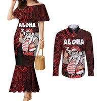Hawaii Aloha Santa Claus Funny Polynesian Tattoo Couples Matching Mermaid Dress and Long Sleeve Button Shirt Red Color