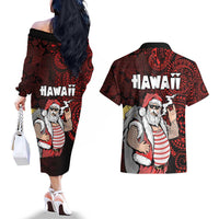 Hawaii Aloha Santa Claus Funny Polynesian Tattoo Couples Matching Off The Shoulder Long Sleeve Dress and Hawaiian Shirt Red Color