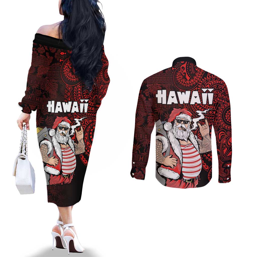 Hawaii Aloha Santa Claus Funny Polynesian Tattoo Couples Matching Off The Shoulder Long Sleeve Dress and Long Sleeve Button Shirt Red Color