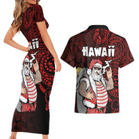 Hawaii Aloha Santa Claus Funny Polynesian Tattoo Couples Matching Short Sleeve Bodycon Dress and Hawaiian Shirt Red Color