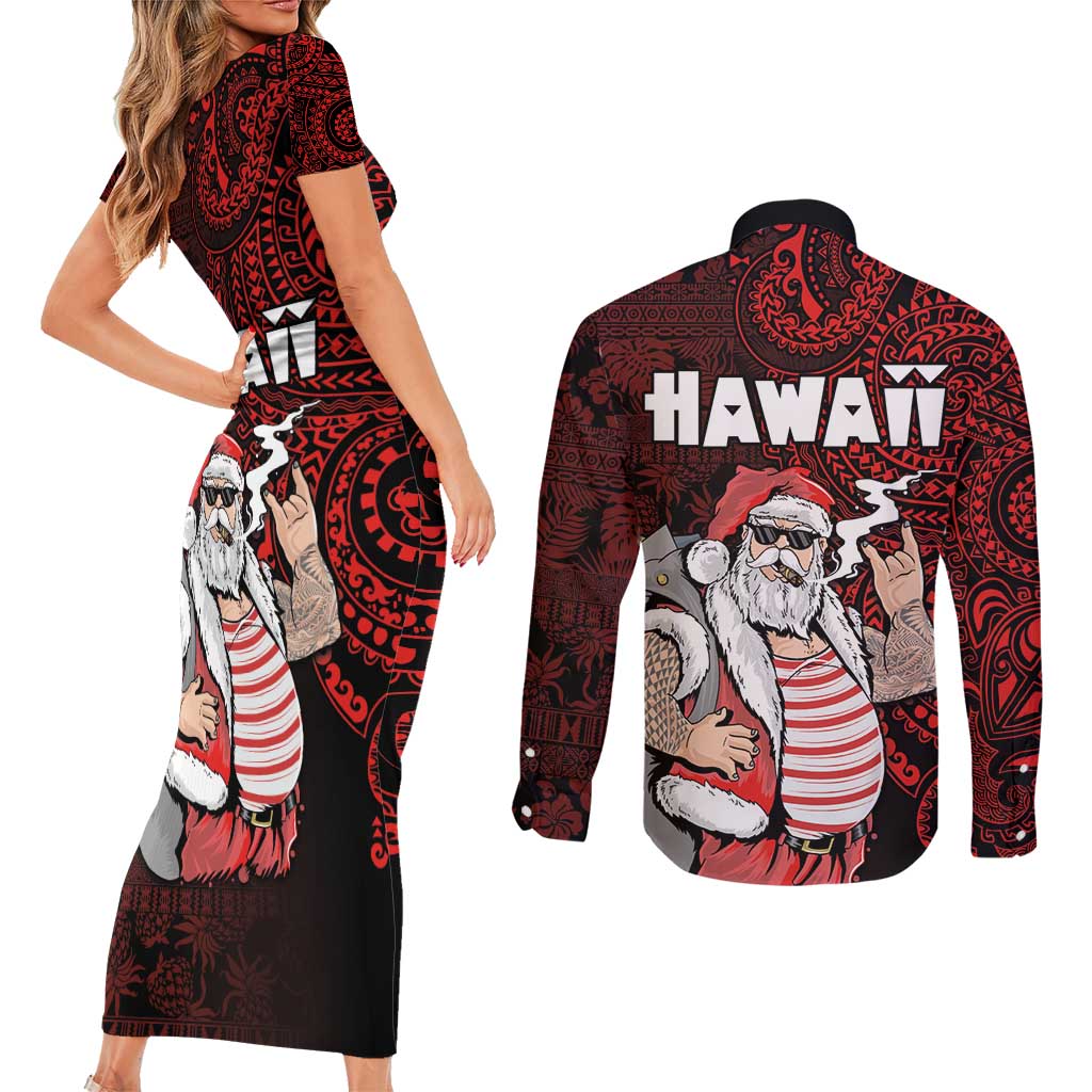 Hawaii Aloha Santa Claus Funny Polynesian Tattoo Couples Matching Short Sleeve Bodycon Dress and Long Sleeve Button Shirt Red Color