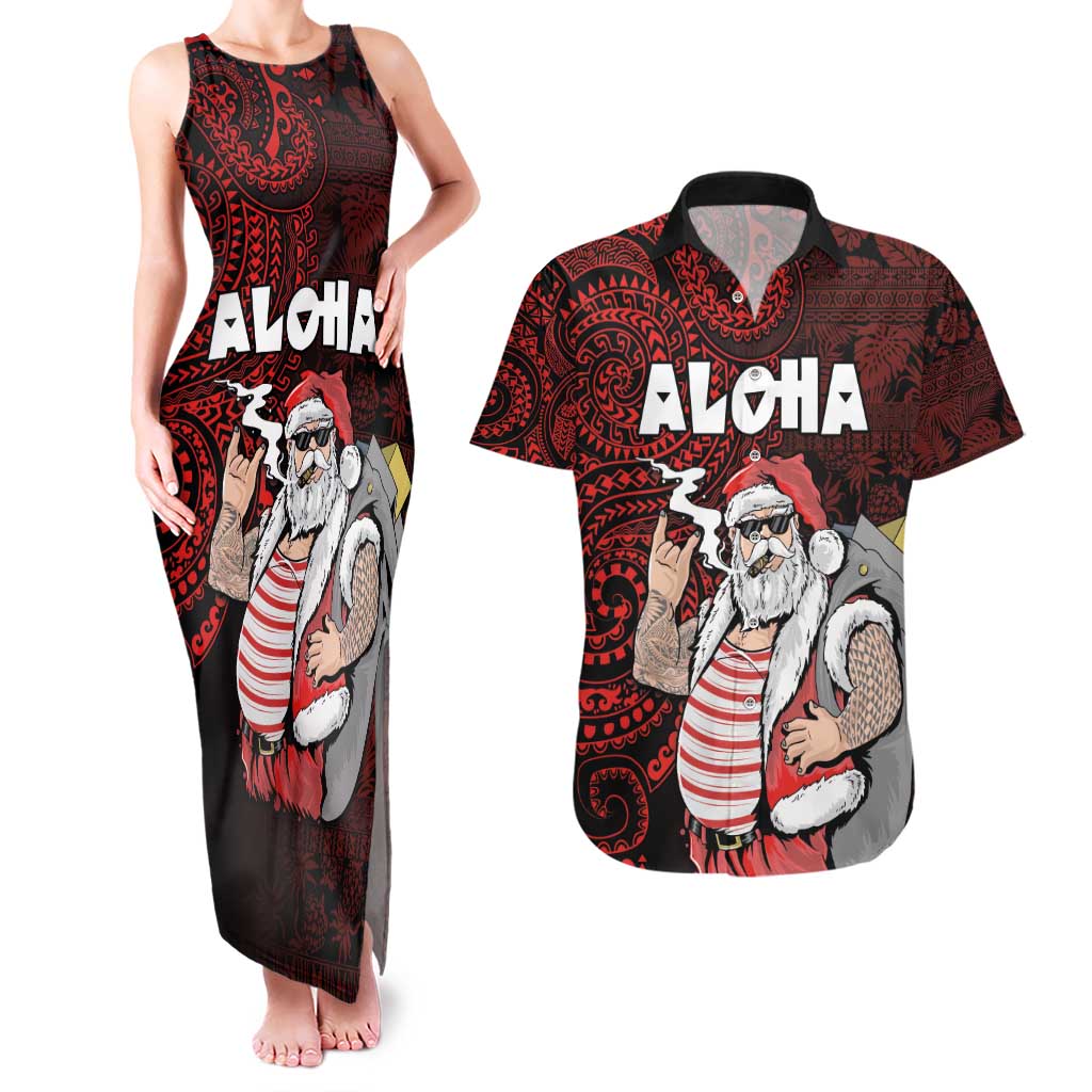 Hawaii Aloha Santa Claus Funny Polynesian Tattoo Couples Matching Tank Maxi Dress and Hawaiian Shirt Red Color