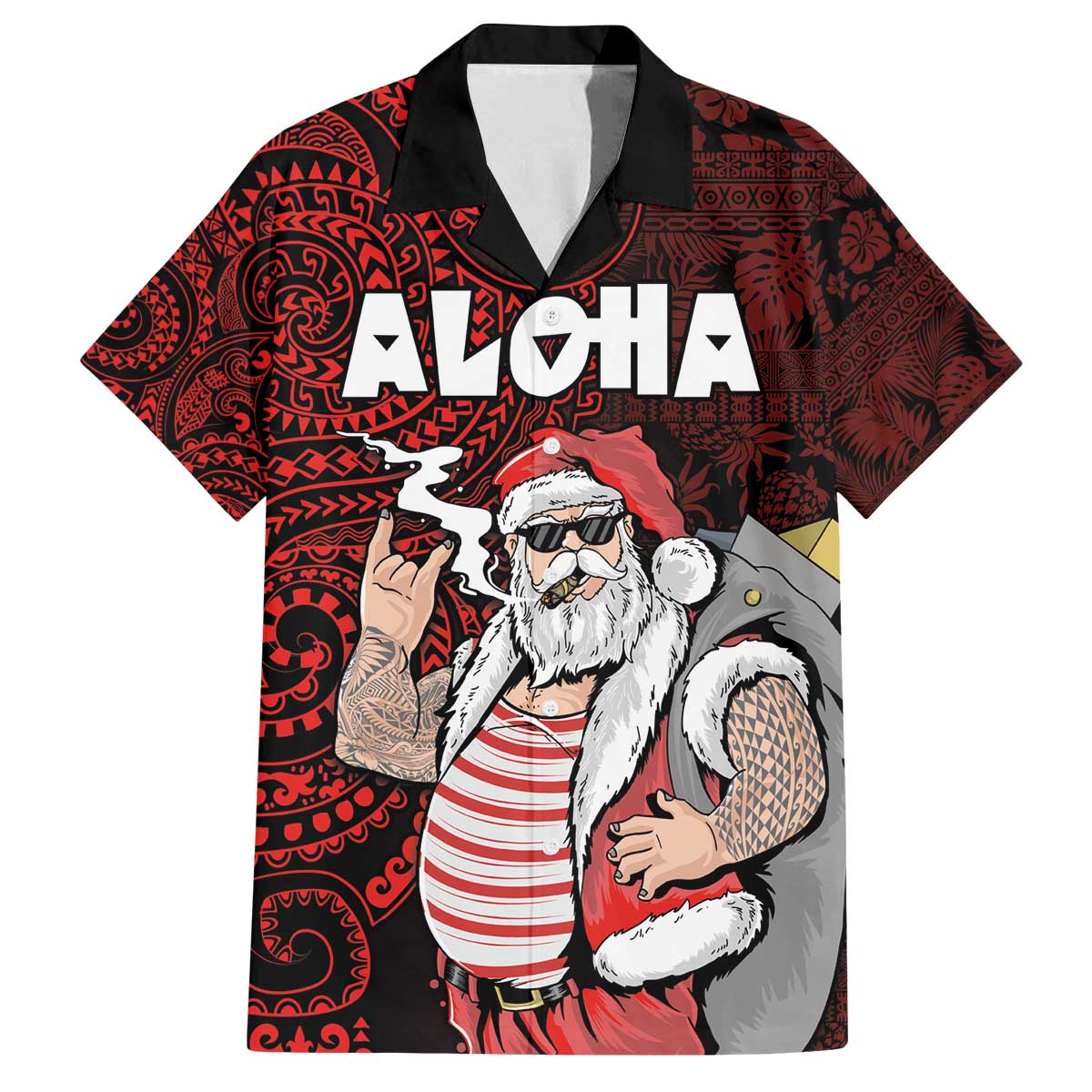 Hawaii Aloha Santa Claus Funny Polynesian Tattoo Family Matching Puletasi and Hawaiian Shirt Red Color