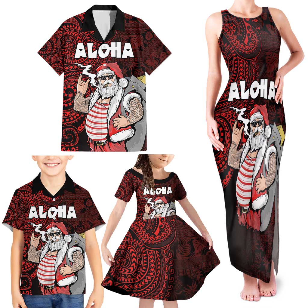 Hawaii Aloha Santa Claus Funny Polynesian Tattoo Family Matching Tank Maxi Dress and Hawaiian Shirt Red Color